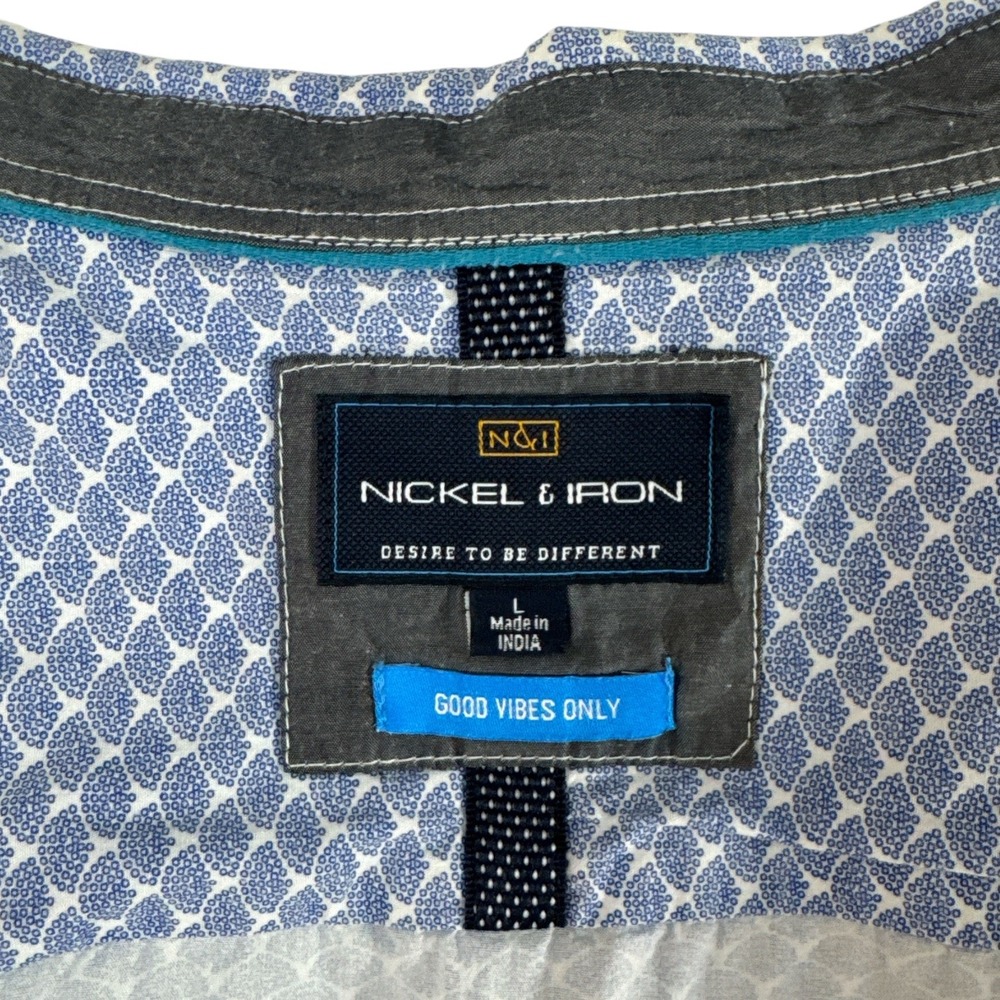 Nickel & Iron Mens Blue White Geometric Fan Print Cotton Short Sleeve Shirt L - Picture 3 of 5
